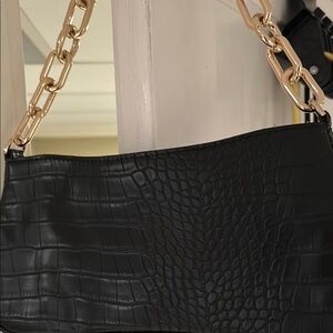 Black Croc-Embossed Bag with Gold Chain